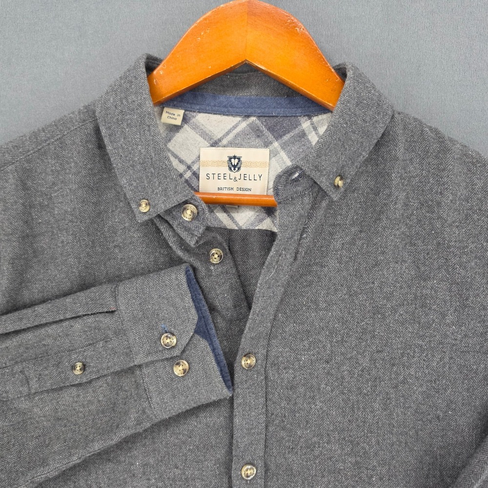 Steel & Jelly Mens Grey Herringbone Flannel Button Down Shirt British Design